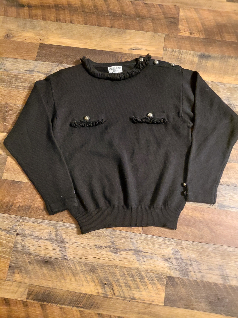 vintage Andrea Gayle Petites Black Knit Sweater with Fringe Trim